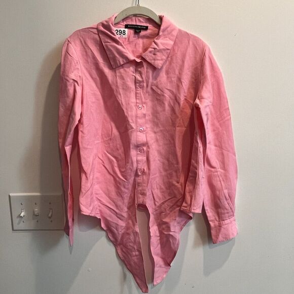 Boston Proper Pink Linen Button Up Blouse Women’s XS Tie Front Party Shower Long - Picture 2 of 12